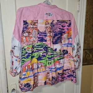 John Marks Pink Embroidred  Striped 100% Linen Button Down Top  Size 3X